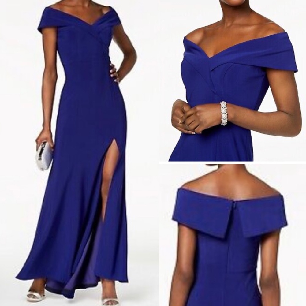 NEW Off-the-shoulder V-neckline Fold-over
XSCAPE Gown size 10P 10 Petite